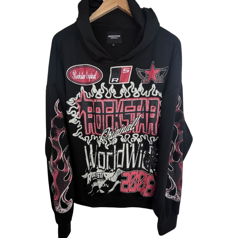Rockstar Original Flame Graphic Hoodie Mens XL Black Pink Streetwear Pullover